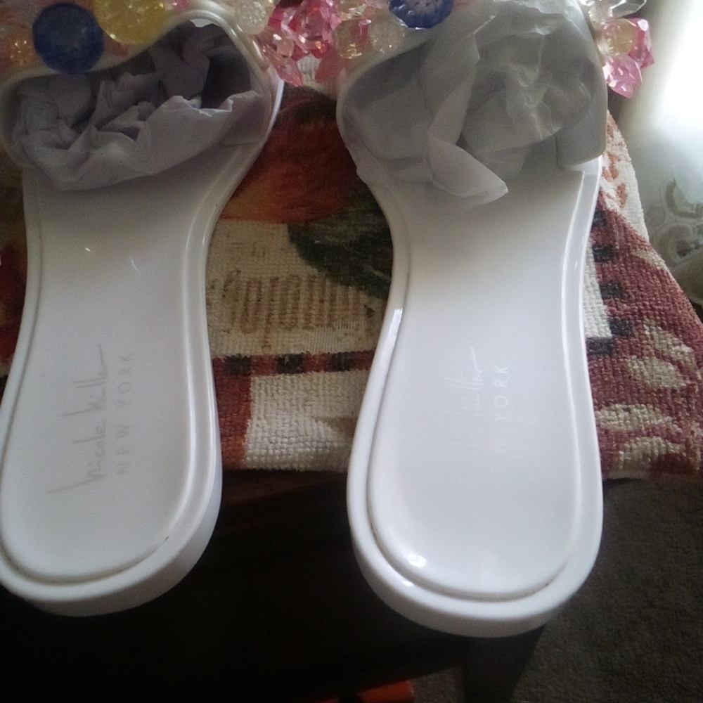 White Beaded Sandals by Nicole Miller (New York)
